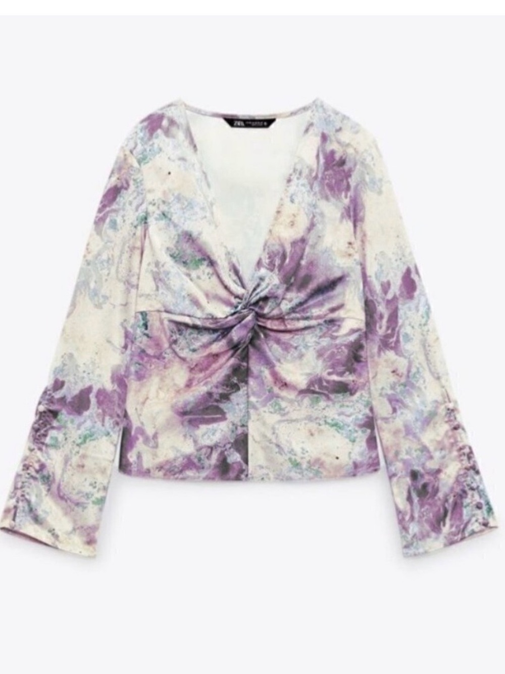 Zara Marble Print Blouse Small Flare Sleeve Twist V Neck Night Out Office Siren